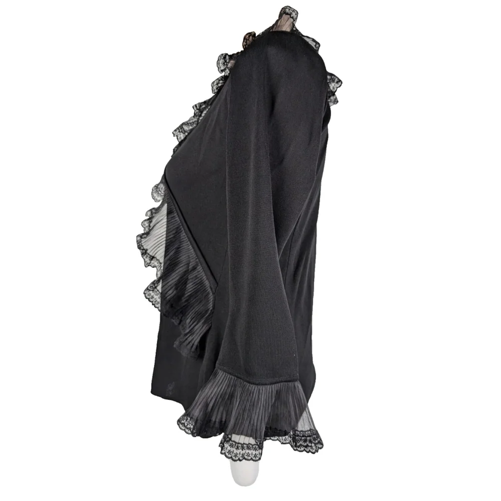 Exclusively Misook Pleated Ruffle Trim Black Faux Wrap Top Goth Grunge XS